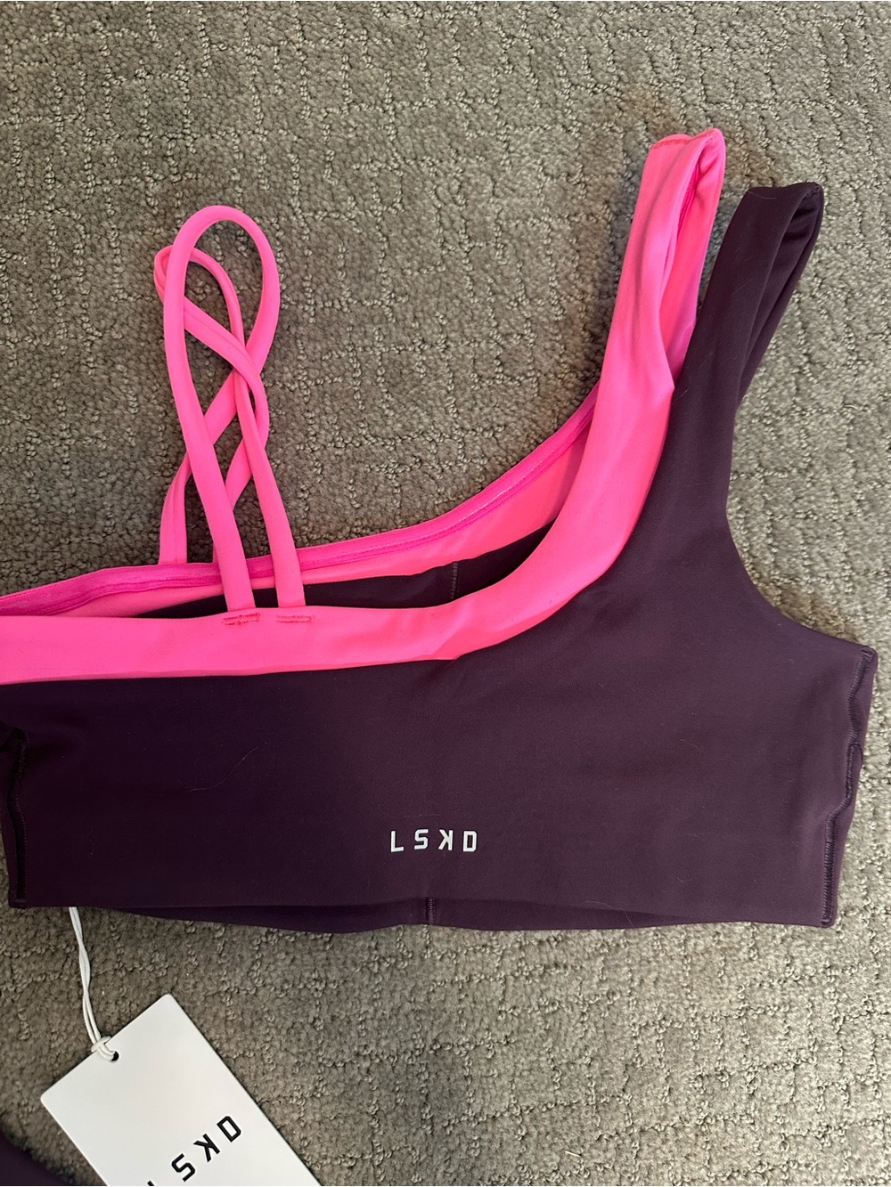 LSKD One-Shoulder Sports Bra and Leggings Set - Plum with Pink Trim - Picture 2 of 5